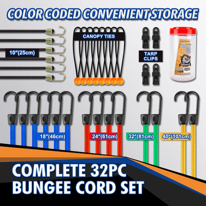 Cartman 32 Piece Bungee Cords Assortment Jar Includes 10" 18" 24" 32" 40" Bungee Cord with Hooks, 8" Canopy Tarp Ball Ties and Tarp Clips - Available at All In One Marketplace Canada