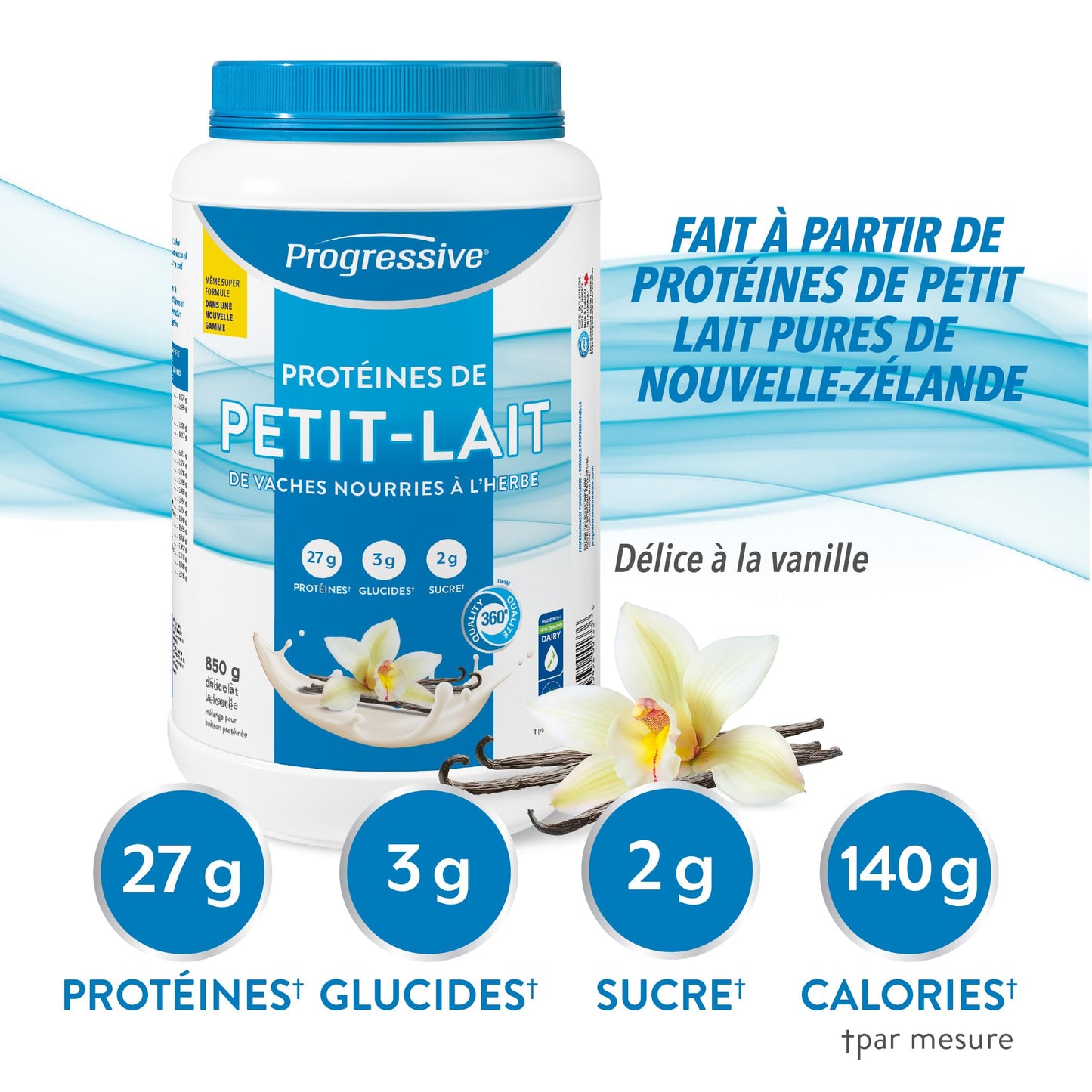 Progressive Grass-Fed 100% Whey Protein Powder Vanilla, 27g of New Zealand Whey Concentrate per Scoop for Muscle Gain, Pasture-Raised, Non-GMO, Canadian-Made Antibiotic-free, Hormone-free, 850 g Progressive