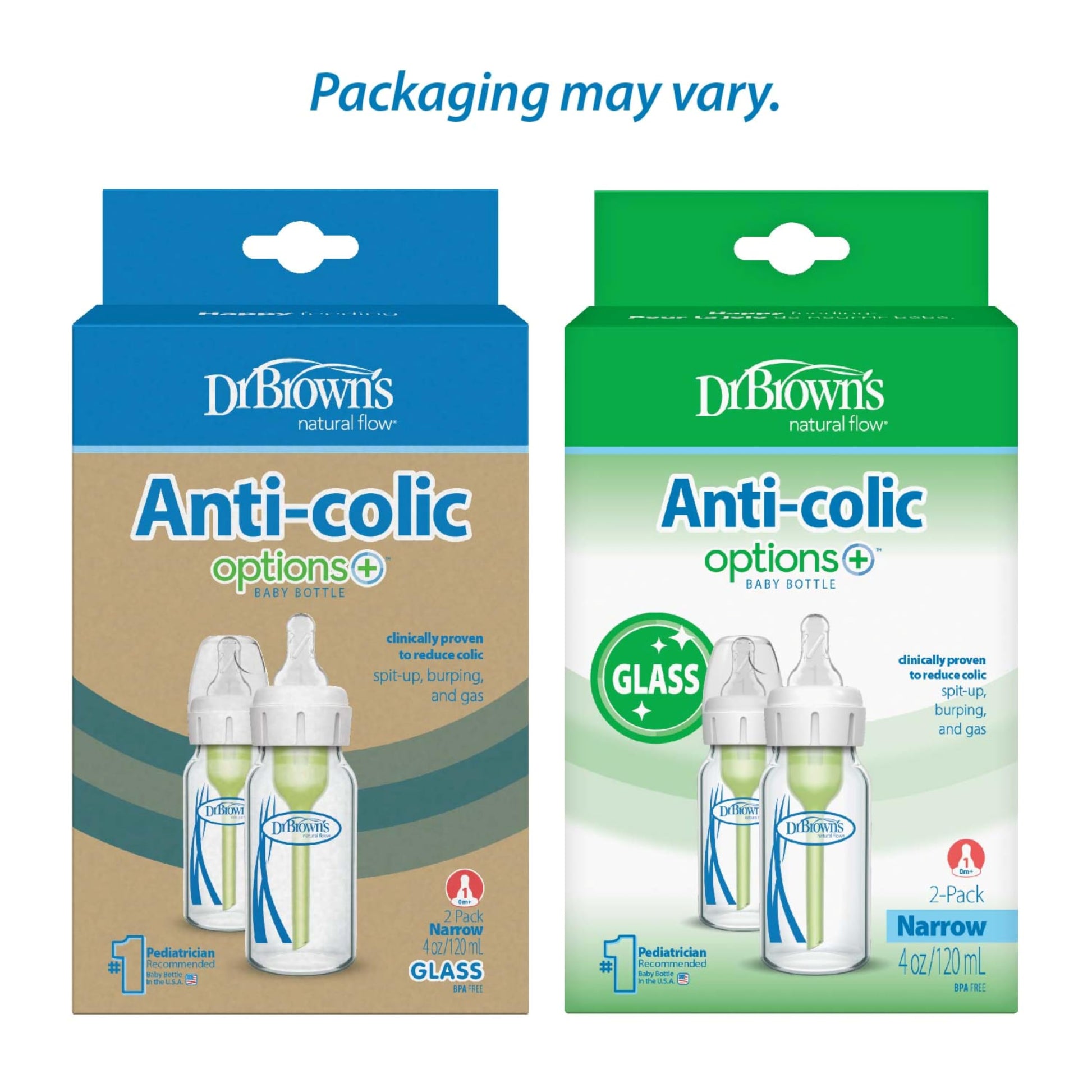 Dr. Brown’s Natural Flow Anti-Colic Options+ Narrow Glass Baby Bottles, 4oz, 2-Pack