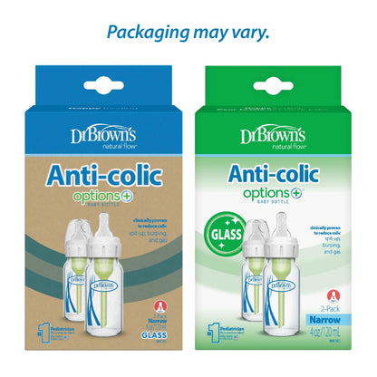 Dr. Brown’s Natural Flow Anti-Colic Options+ Narrow Glass Baby Bottles, 4oz, 2-Pack