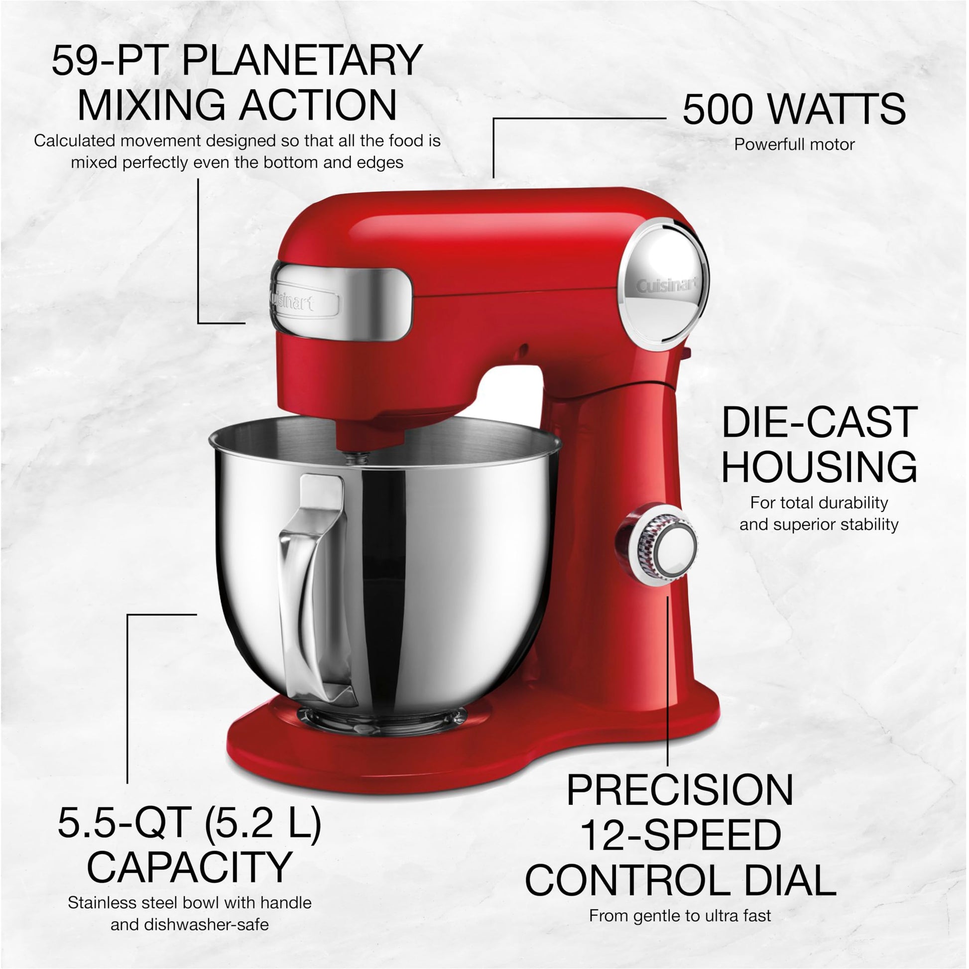 Cuisinart Precision Master 5.5-Quart Tilt-Head Stand Mixer, 12 Speed, 500W, Includes Bowl, Dough Hook, Chef's Whisk and Flat Mixing Paddle, Red (SM-50RC) - Available at All In One Marketplace Canada