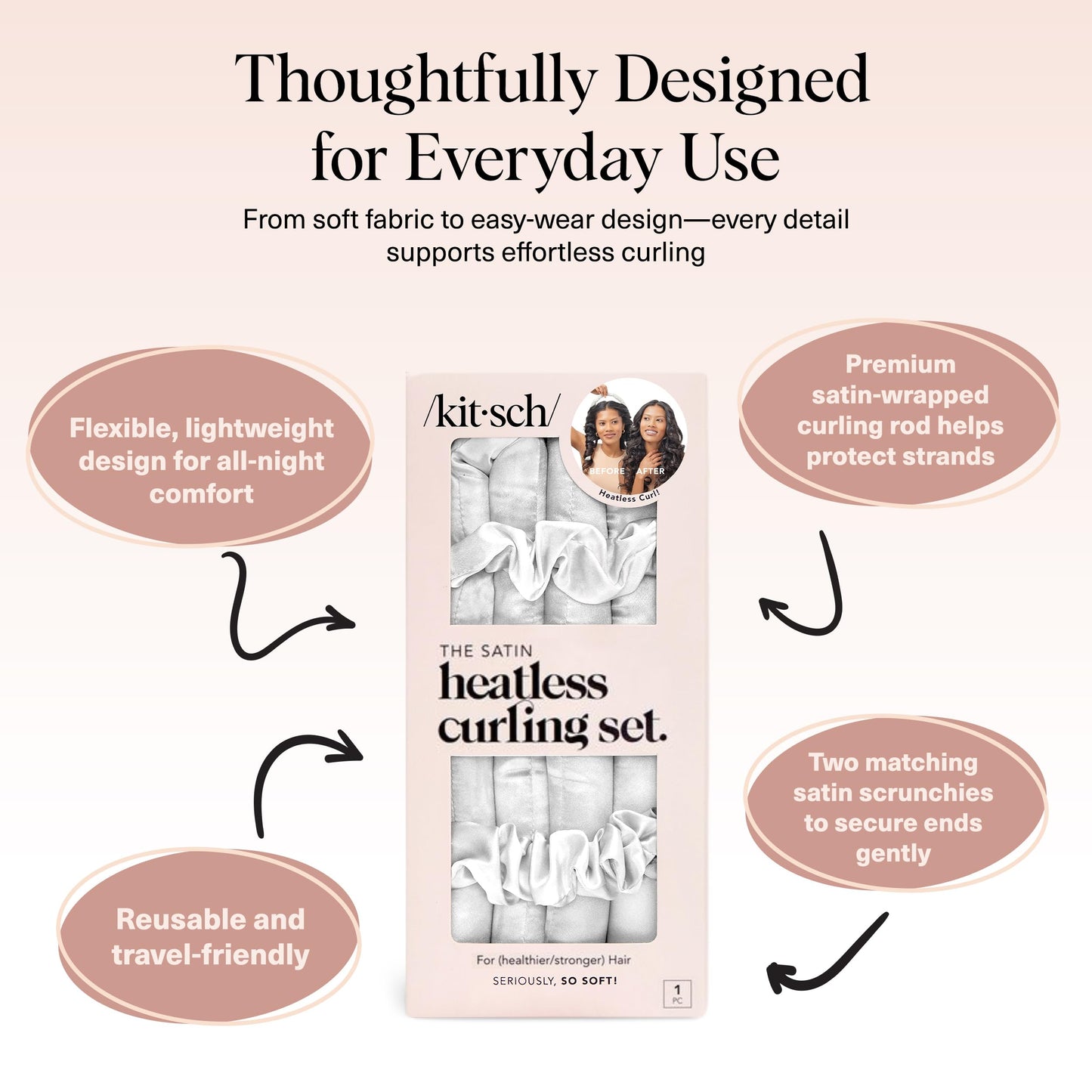 Kitsch Satin Heatless Curlers Set – Heatless Curls Overnight w/ 34" Hair Waver & 2 Satin Hair Scrunchies, Comfortable Hair Curlers to Sleep In for Frizz-Free, No Heat Damage Styling - Ivory