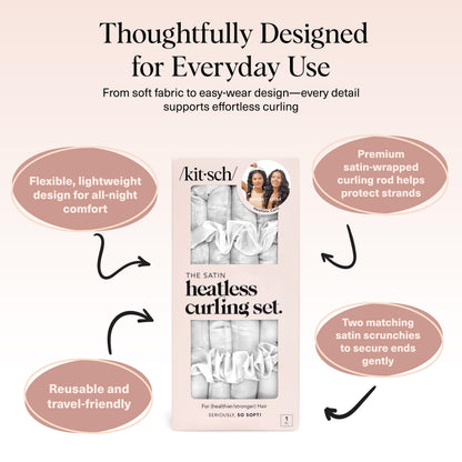 Kitsch Satin Heatless Curlers Set – Heatless Curls Overnight w/ 34" Hair Waver & 2 Satin Hair Scrunchies, Comfortable Hair Curlers to Sleep In for Frizz-Free, No Heat Damage Styling - Ivory