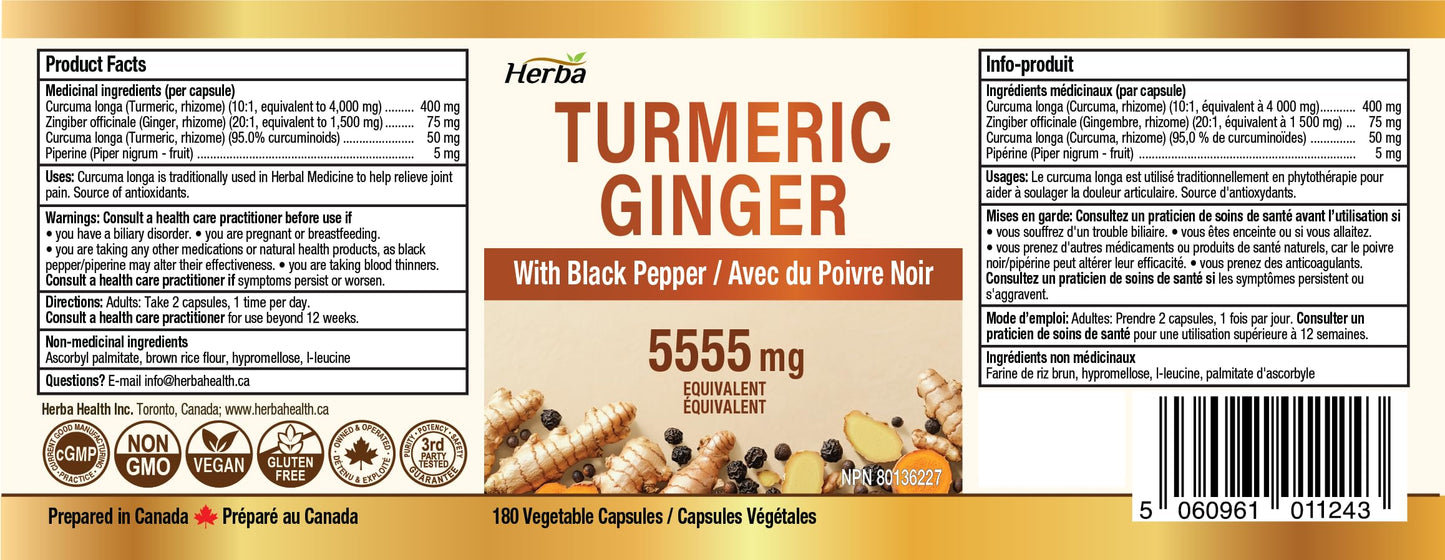 Herba Turmeric Supplements for Inflammation with Black Pepper and Ginger - 180 Capsules | 5,555mg Equiv. with 95% Turmeric Curcumin Supplements with Black Pepper | Joint Pain Relief | Made in Canada - Available at All In One Marketplace Canada
