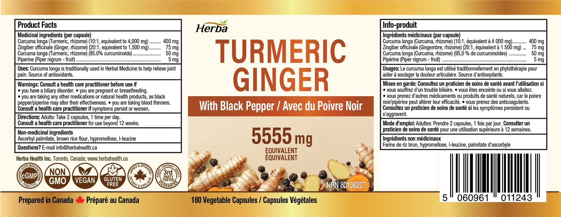 Herba Turmeric Supplements for Inflammation with Black Pepper and Ginger - 180 Capsules | 5,555mg Equiv. with 95% Turmeric Curcumin Supplements with Black Pepper | Joint Pain Relief | Made in Canada - Available at All In One Marketplace Canada