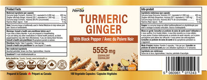 Herba Turmeric Supplements for Inflammation with Black Pepper and Ginger - 180 Capsules | 5,555mg Equiv. with 95% Turmeric Curcumin Supplements with Black Pepper | Joint Pain Relief | Made in Canada - Available at All In One Marketplace Canada