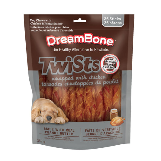 DreamBone Chicken Wrapped Twist Sticks Dog Chews, 36 Count, Treat Your Dog to Easy-to-Digest Rawhide-Free Chews Made with Real Peanut Butter, Chicken and Vegetables, for All Dogs