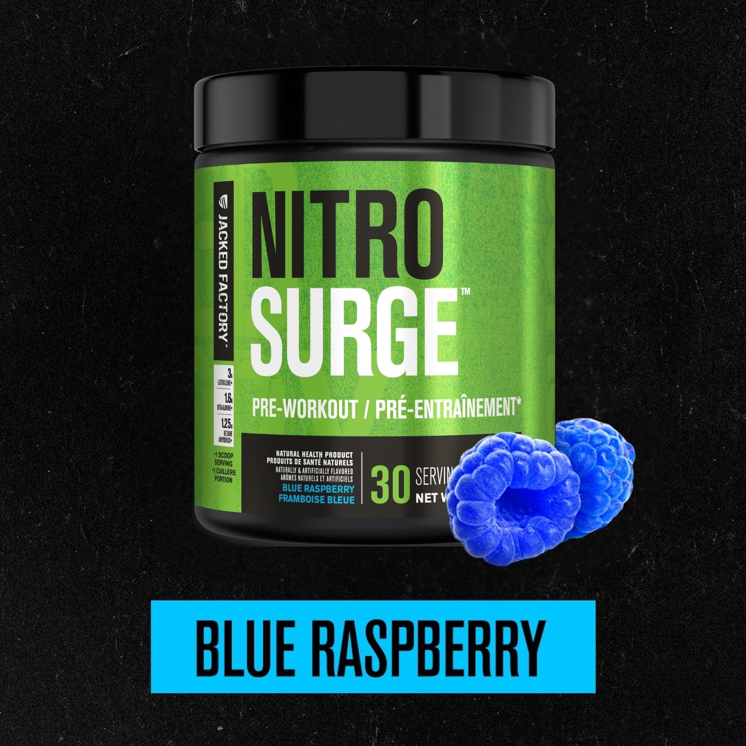 NITROSURGE Pre Workout Supplement - Endless Energy, Instant Strength Gains, Clear Focus, Intense Pumps - Nitric Oxide Booster & Powerful Preworkout Energy Powder - 30 Servings, Blue Raspberry