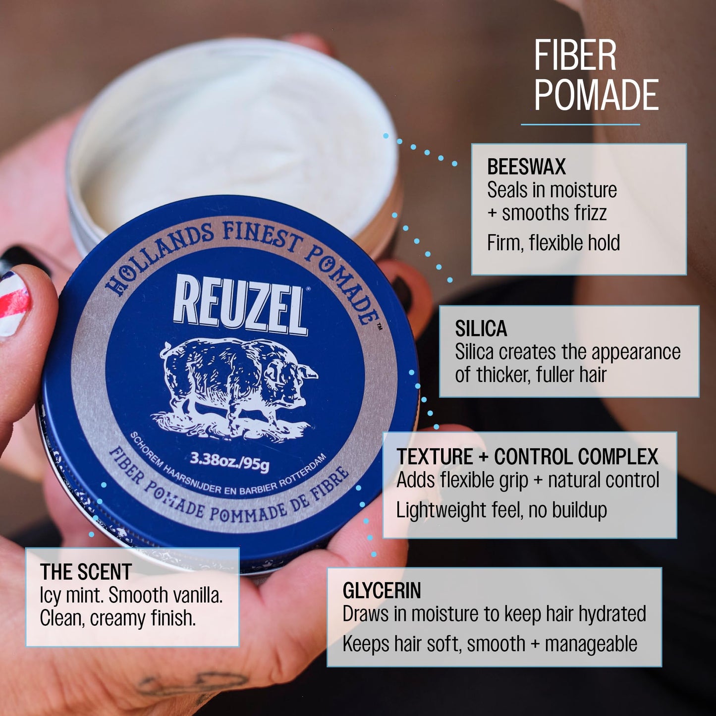 Reuzel Fiber Pomade Strong Hold Hair Styling Pomade for Men & Women, Low Shine, Texturizing & Volumizing For a Fuller Look, Firm Flexible Reworkable, Vanilla Mint Scent 95g REUZEL