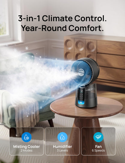 DREO TurboCool Misting Fan 516S, 150°+30°Omni-directional Oscillating Cooling Desk Fans that Blow Cold Air, 26 ft/s,Evaporative Air Cooler, 20dB, 6 Speeds 2 Modes, Remote & APP, RGB, Indoor, Grey - Available at All In One Marketplace Canada