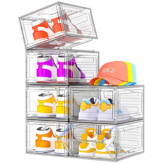 Thicken & Sturdy Clear Shoe Storage Organizer with Magnetic Door, Stackable Boxes for Closet, Foldable Space-Saving Shoe Rack for Sneaker Boot Container, Plastic Shoe Cabinet Shoe Box 6 Pack, White