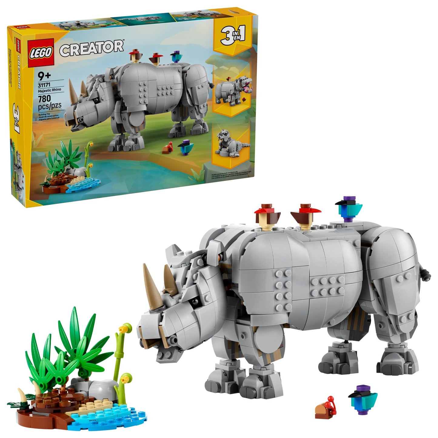 LEGO Creator 3 in 1 Wild Animals: Majestic Rhino - Building Toy for Boys & Girls, Ages 9+ - Gift for Birthdays - Kids Bedroom and Desk Decor - Build Rhino, Hippo, or Walrus - 31129 LEGO