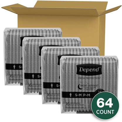 Depend Night Defense Adult Incontinence Underwear for Men, Disposable, Overnight, Small/Medium, Grey, 64 Count Depend
