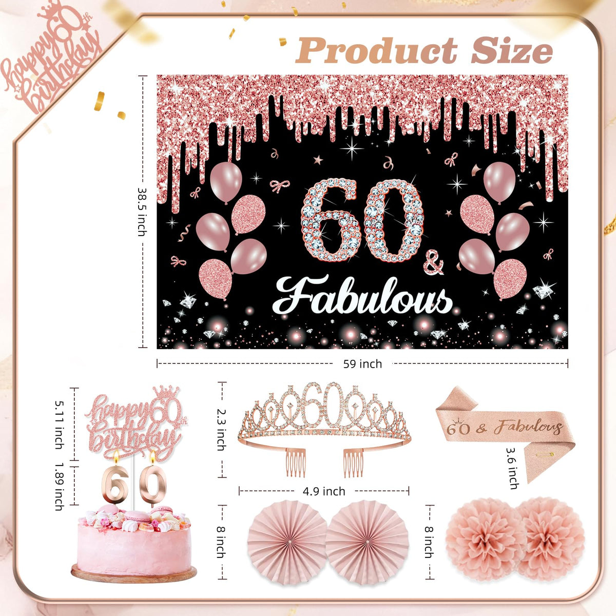 50Pcs 60th Birthday Decorations for Women,Rose Gold Black Pre-Assembled Set 🍁 All In One Marketplace Canada