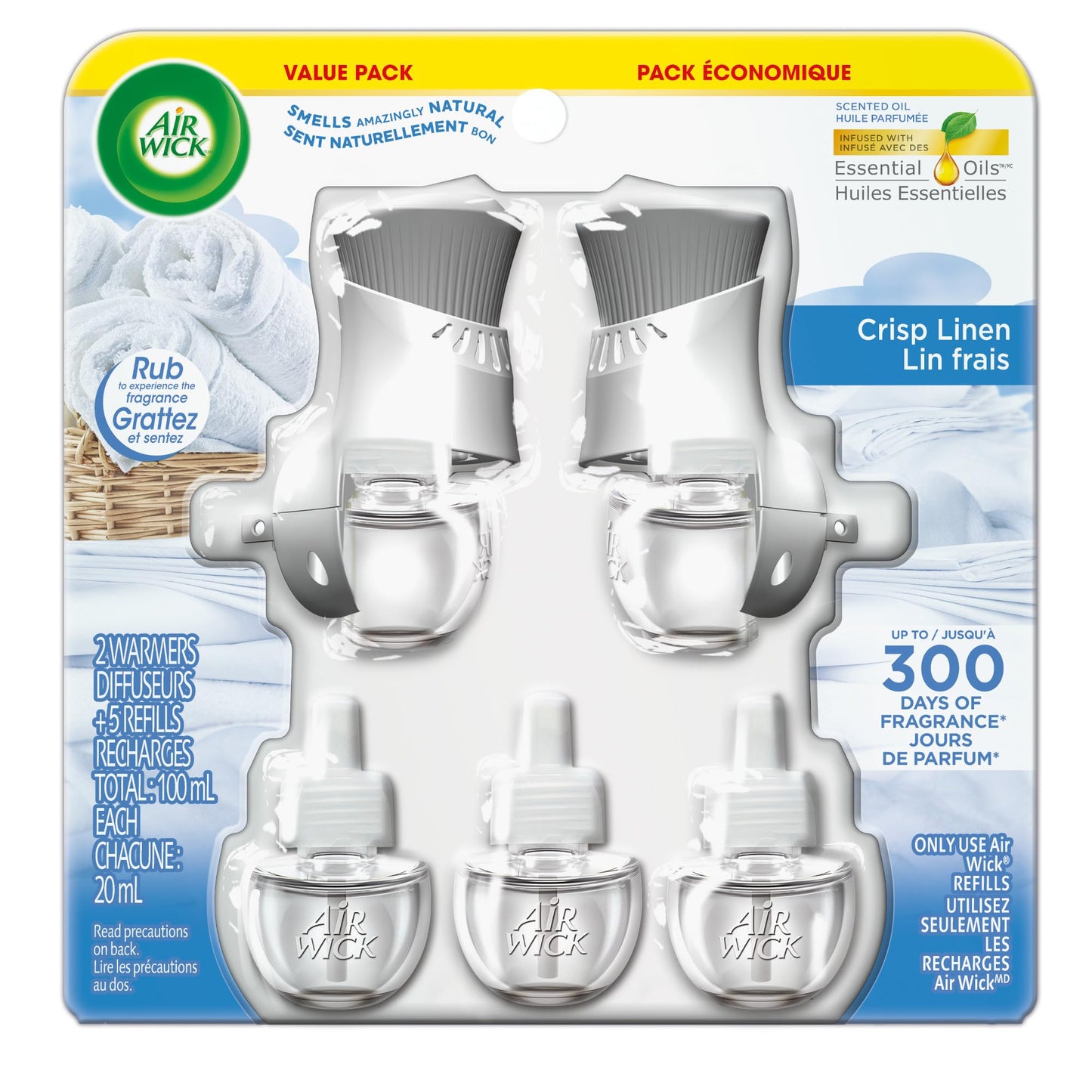 Air Wick Plug In Scented Oil Air Freshener for Home – Infused with Essential Oils, Adjustable Fragrance Control – Crisp Linen Scen – Includes 2 Warmers & 5 Refills - Available at All In One Marketplace Canada