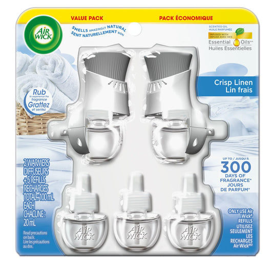 Air Wick Plug In Scented Oil Air Freshener for Home – Infused with Essential Oils, Adjustable Fragrance Control – Crisp Linen Scen – Includes 2 Warmers & 5 Refills - Available at All In One Marketplace Canada