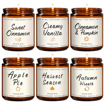 Fall Candle Set, 6 Pack Candles for Home Scented, Autumn Soy Wax Candle Holiday Gifts Set for Men and Women, Home Fall Decor, Fragrance of Wreath/Apple/Latte/Harvest/Vanilla/Cinnamon 🍁 All In One Marketplace Canada