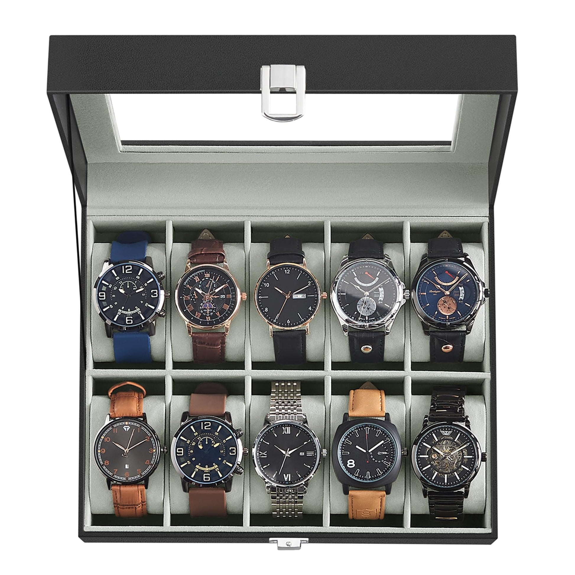 SONGMICS Watch Box, 10-Slot Watch Case Organizer with Large Glass Lid, Removable Pillows, Gift for Loved Ones, Black Synthetic Leather, Gray Lining UJWB010BK SONGMICS