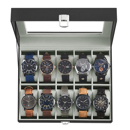 SONGMICS Watch Box, 10-Slot Watch Case Organizer with Large Glass Lid, Removable Pillows, Gift for Loved Ones, Black Synthetic Leather, Gray Lining UJWB010BK SONGMICS