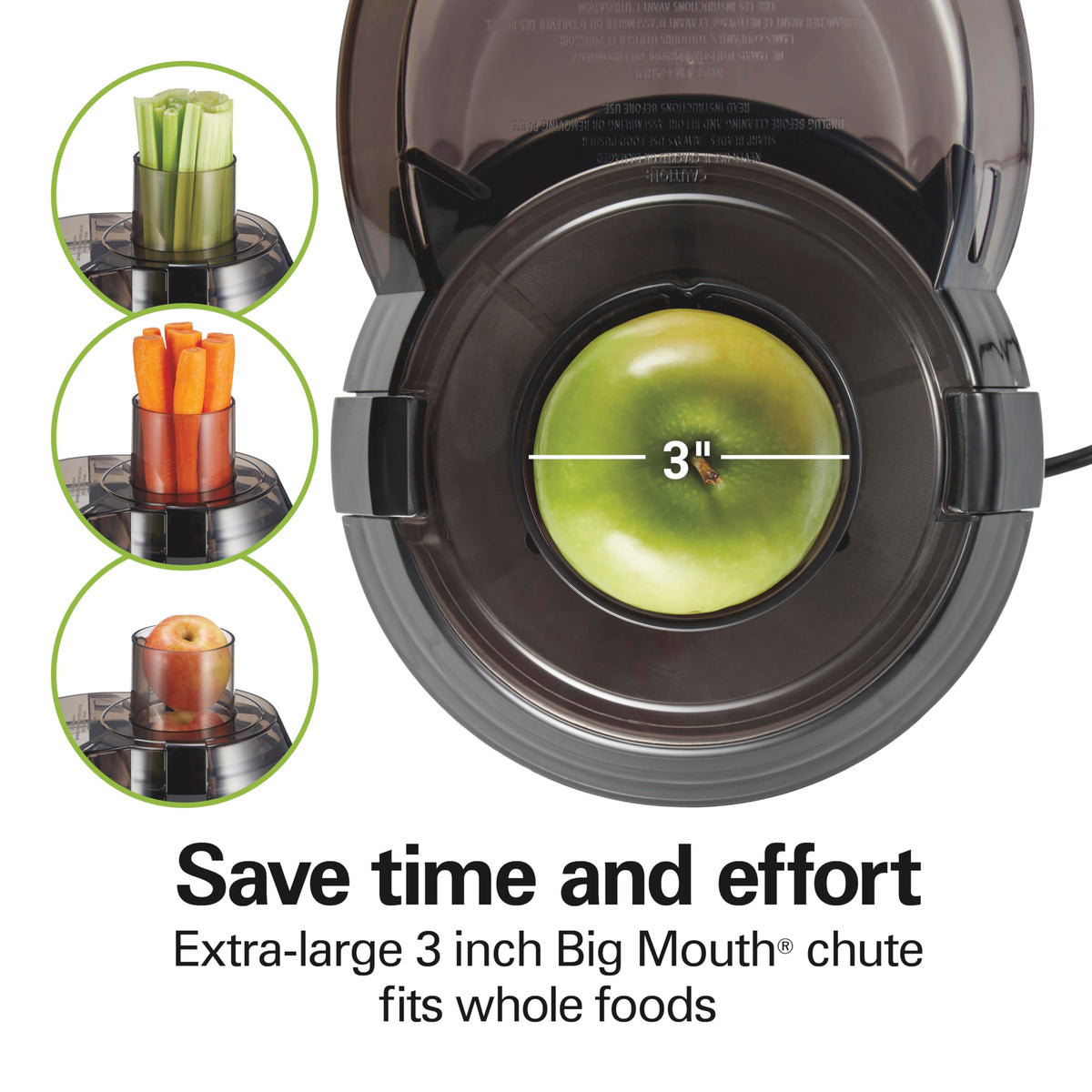 Hamilton Beach Big Mouth 3 inch Feed Chute Juice Extractor for Whole Fruits & Veggies, Easy Clean stainless steel strainer, Centrifugal Extractor, BPA Free, large Pulp bin, 800W, Black, 67601AG