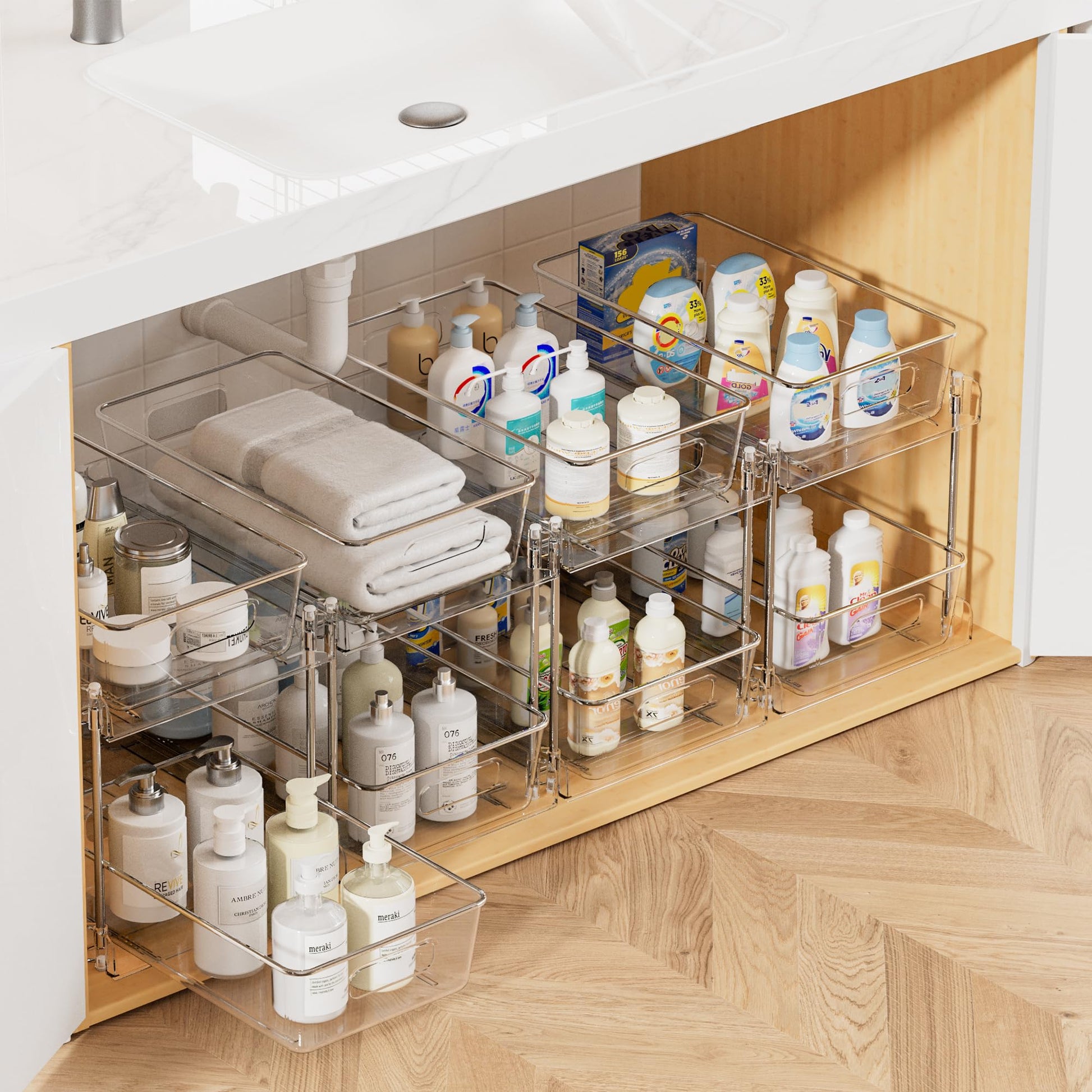 2 Tier Bathroom Storage Organizer, Vtopmart 4 Pack Clear Under Sink Organizers Vanity Counter Storage Container, Medicine Cabinet Drawers Bins, Pull-Out Organization with Track for Pantry, Kitchen