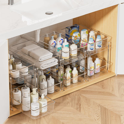 2 Tier Bathroom Storage Organizer, Vtopmart 4 Pack Clear Under Sink Organizers Vanity Counter Storage Container, Medicine Cabinet Drawers Bins, Pull-Out Organization with Track for Pantry, Kitchen