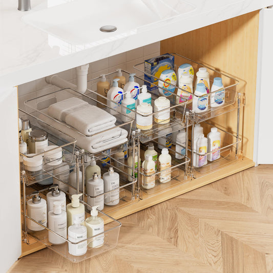 2 Tier Bathroom Storage Organizer, Vtopmart 4 Pack Clear Under Sink Organizers Vanity Counter Storage Container, Medicine Cabinet Drawers Bins, Pull-Out Organization with Track for Pantry, Kitchen