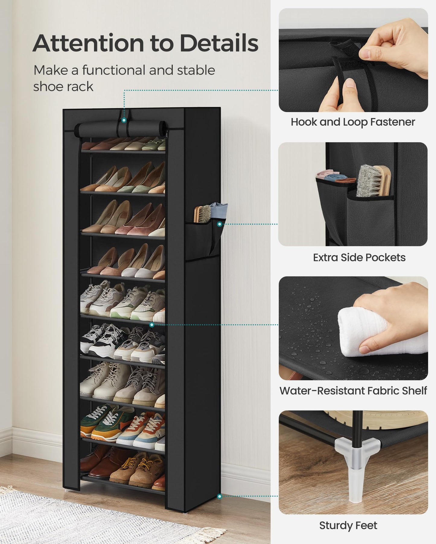 SONGMICS 10-Tier Shoe Rack, Shoe Storage Organizer Cabinet, Black URXJ10H01 SONGMICS