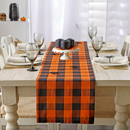 DII 100-Percent Cotton, Machine Washable, Dinner, Halloween Table Runner 14x108", Orange and Black Buffalo Check