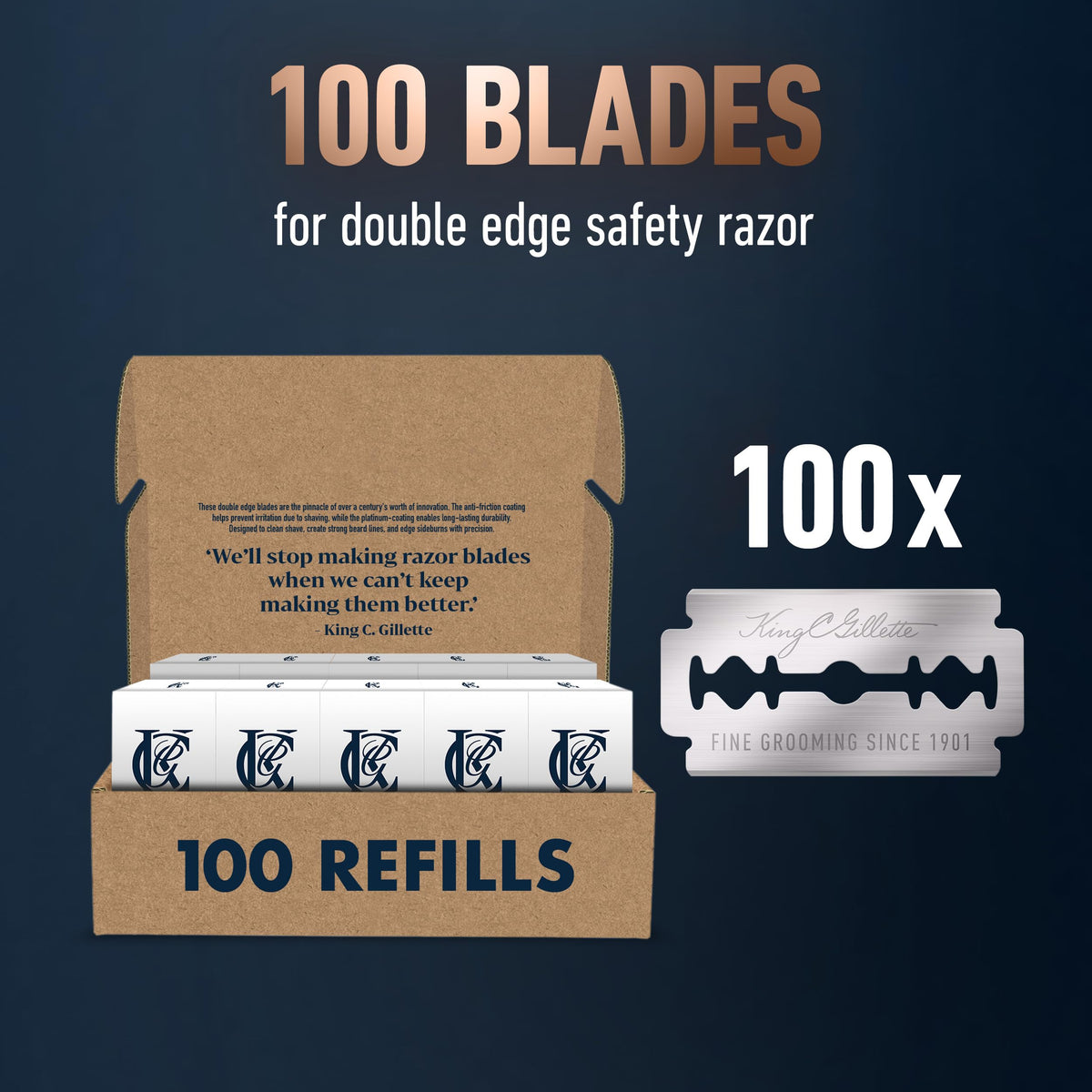 King C. Gillette Double-Edge Safety Razor blades for better control, with anti-friction coating, 100 count