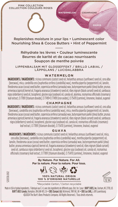 Burt's Bees Lip Shimmer, 100% Natural Origin Lip Gloss, Tinted Lip Colour | Get Soft and Hydrated Lips | Pack of 3 - (Pink) Champagne, Watermelon, Guava Burt's Bees
