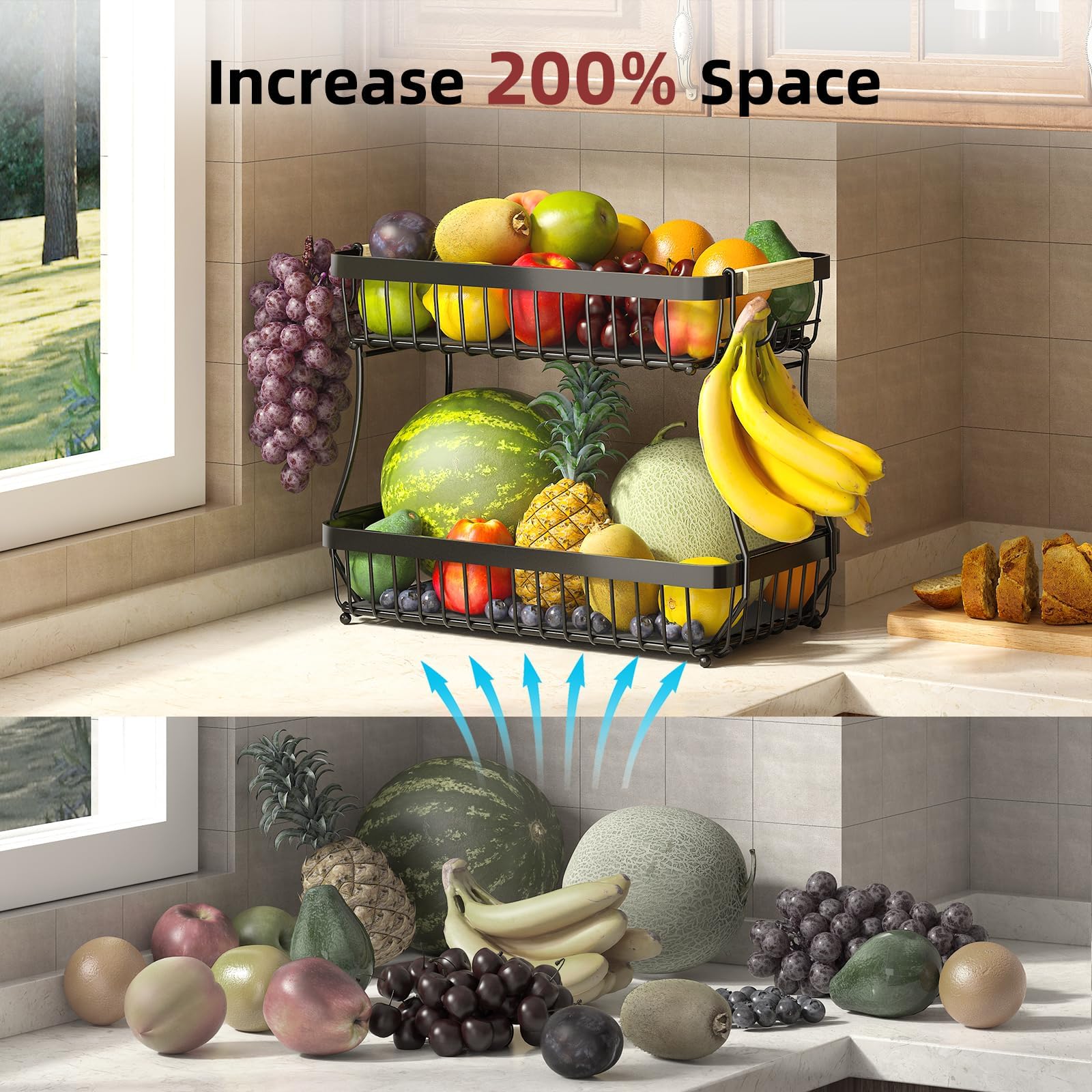 2 Tier Large Fruit Bowl for Kitchen Counter with 2 Banana Holders,2026 Sturdy Metal Fruit Basket with Protective Mats Keeping Fruits Fresh,Kitchen Organizers and Storage for Bread Potato Onion Storage - Available at All In One Marketplace Canada