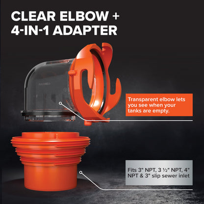 Camco RhinoFLEX 20-Ft Camper/RV Sewer Hose Kit - Features Clear Elbow Fitting w/Removable 4-in-1 Adapter - Connects to 3” Slip or 3”/3.5”/4” NPT Threaded Sewer Connection (39742)
