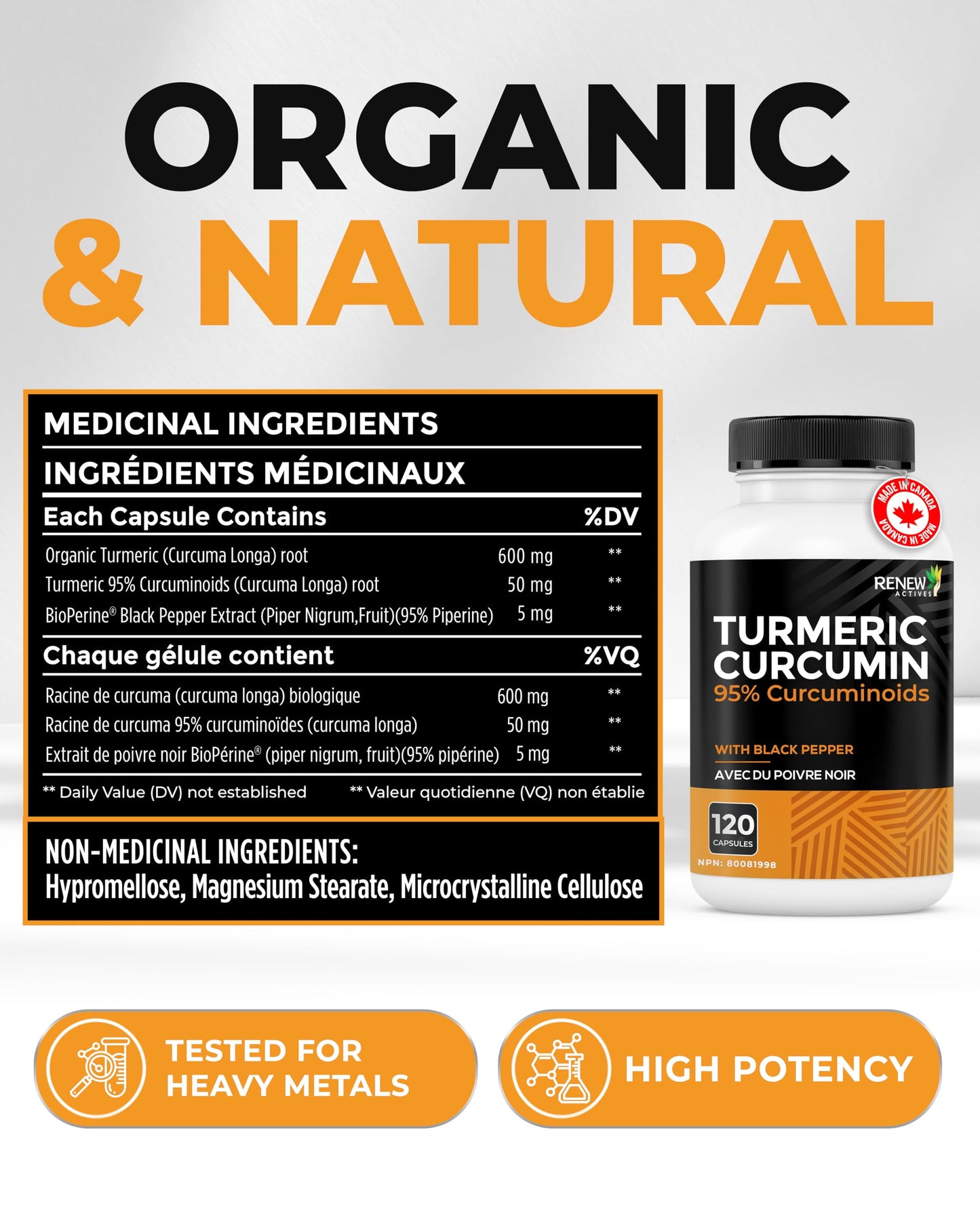 RENEW ACTIVES Turmeric Curcumin – Ultra Potent 95% Curcuminoids with BioPerine Black Pepper for Maximum Absorption – Supports Joint Health, Mobility, Digestion & Liver – Made in Canada – 120 Capsules