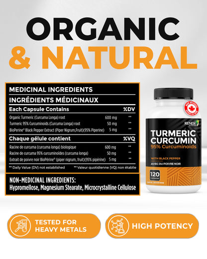 RENEW ACTIVES Turmeric Curcumin – Ultra Potent 95% Curcuminoids with BioPerine Black Pepper for Maximum Absorption – Supports Joint Health, Mobility, Digestion & Liver – Made in Canada – 120 Capsules