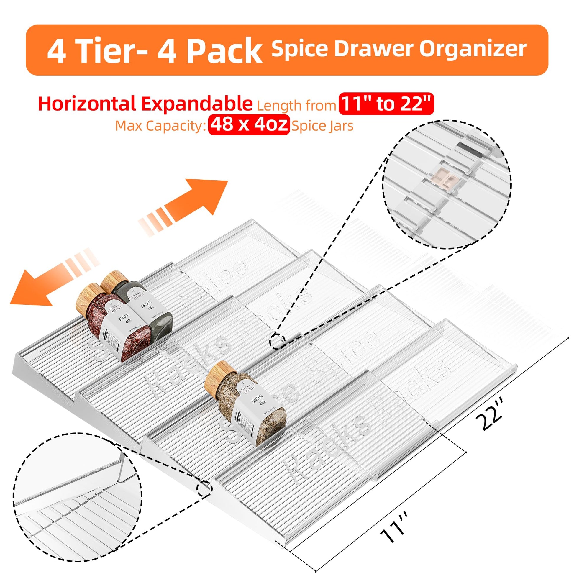 PanPanPal Spice Drawer Organizer, 4 Tier- 4 Pack Clear Acrylic Drawer Seasoning Organizer, Expandable From 11'' to 22'' Kitchen Spice Rack Organizers and Storage for Drawer (Jars not included) - Available at All In One Marketplace Canada