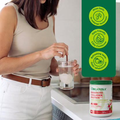 Organika Poudre de protéines de collagène amélioré fabriquée au Canada - Saveur de litchi - Saveur délicieuse, teneur élevée en protéines - Hydrolysée pour une meilleure absorption - Nourri à l'herbe, sans OGM - 252 g