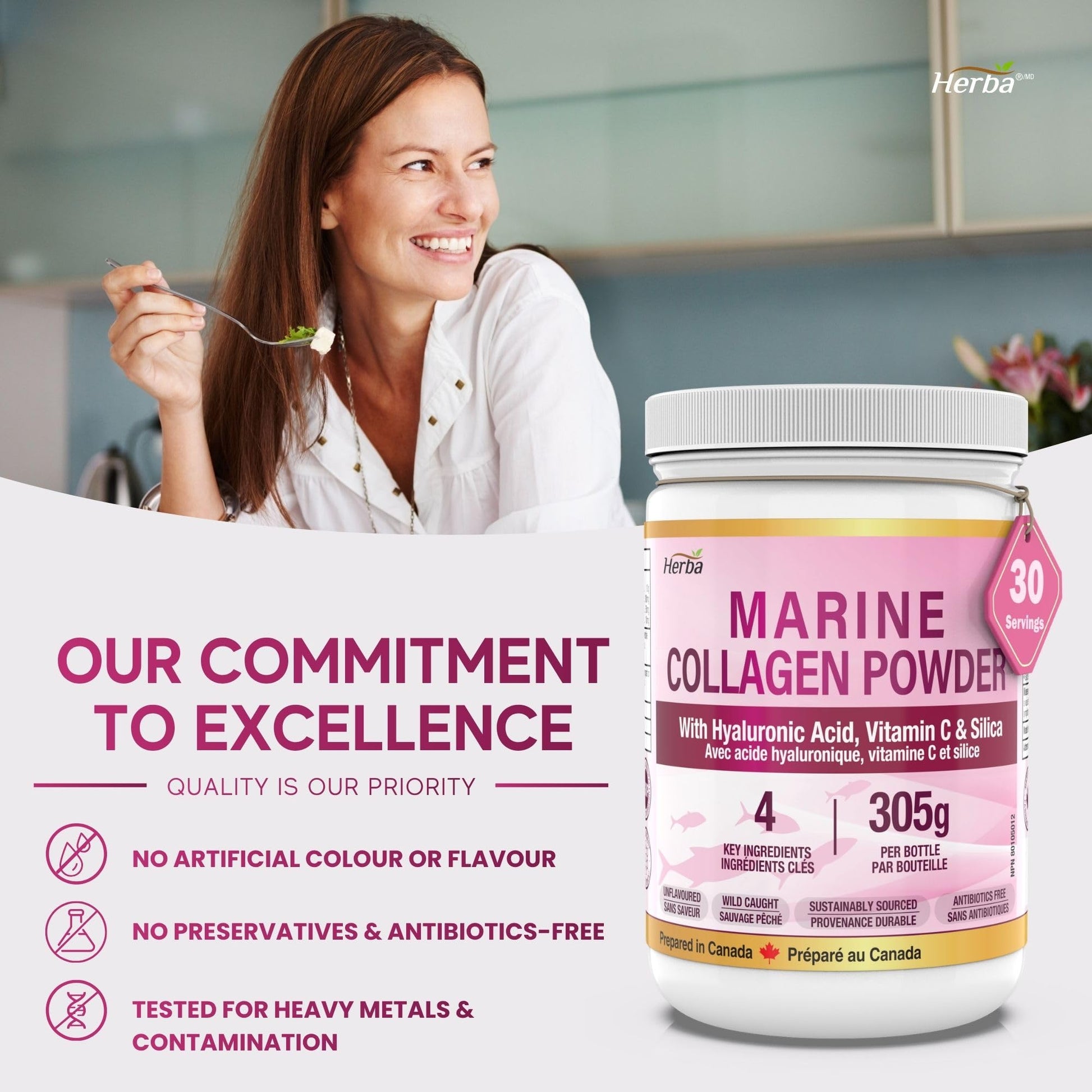 Herba Marine Collagen Powder for Women & Men with Hyaluronic Acid, Vitamin C, and Silica – 305g | Made in Canada | Wild Caught | Hydrolyzed Collagen Peptides | Antibiotics Free | Sustainably Sourced - Available at All In One Marketplace Canada