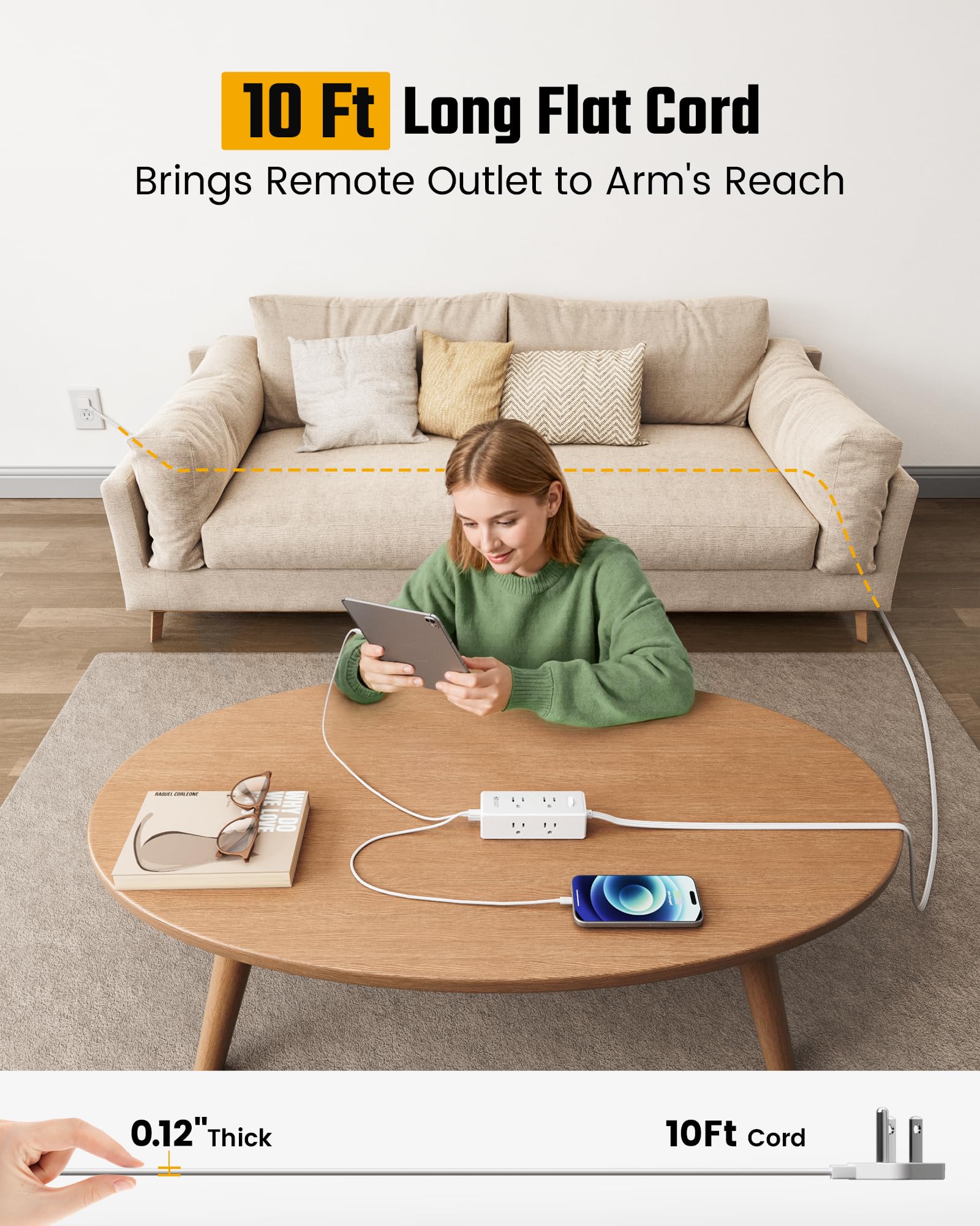 10 Ft Extension Cord, Surge Protector Power Bar with 6 Outlets & 4USB Ports (2 USB 2 C), Mountable Flat Plug Power Strip, Surge Protection for Home, Office, Dorm