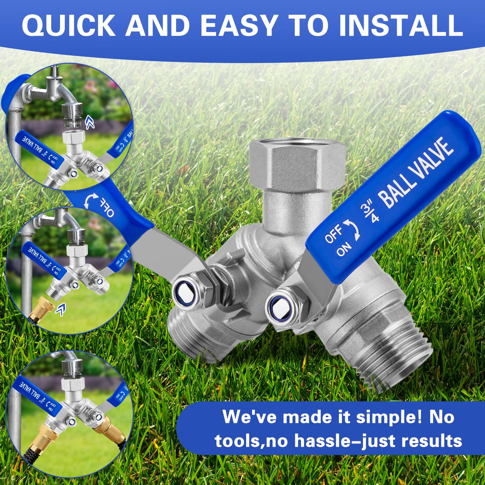 Garden Hose Splitter 2 Way, 304 Stainless Steel Heavy Duty Water Hose Splitter with Long Handle, 3/4" GHT Thread Y Valve Water Garden Hose Tap Adapter, Full Flow Water Splitter Connector