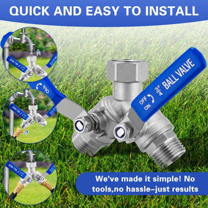 Garden Hose Splitter 2 Way, 304 Stainless Steel Heavy Duty Water Hose Splitter with Long Handle, 3/4" GHT Thread Y Valve Water Garden Hose Tap Adapter, Full Flow Water Splitter Connector