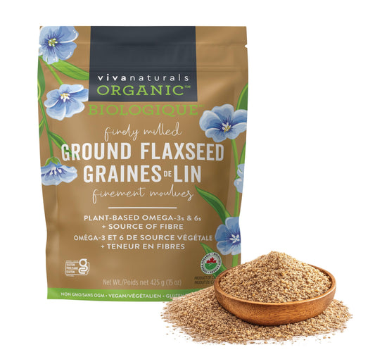 Viva Naturals Canadian-Made Organic Ground Flaxseed - Premium Flax Seeds for Baking, Smoothies - Certified Organic, Non-GMO, Keto & Vegan Friendly Graine De Lin 425 g (15 oz) - Available at All In One Marketplace Canada