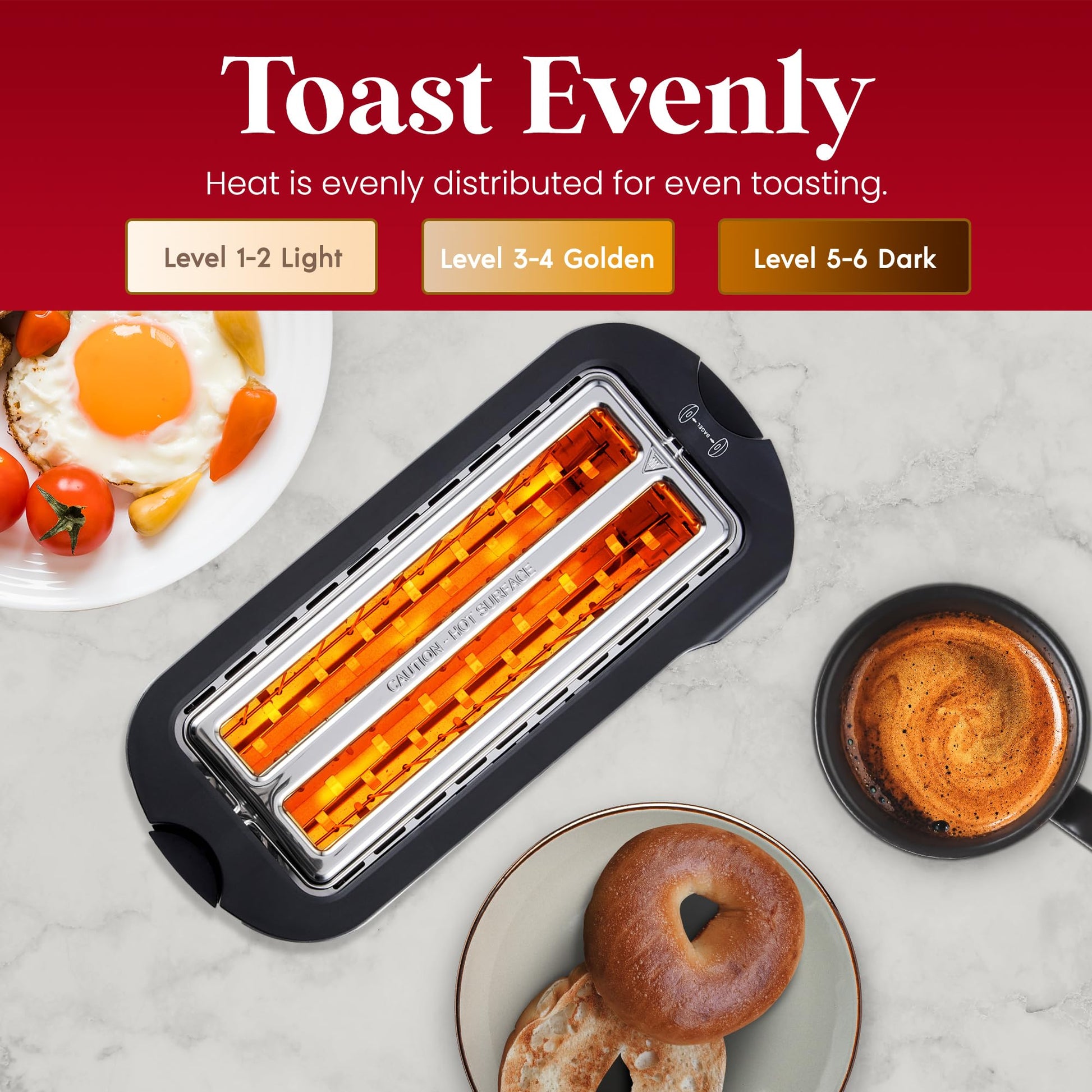 Elite Gourmet ECT5322 Long Slot 4 Slice Toaster, Countdown Timer, Bagel Function, 6 Toast Setting, Defrost, Cancel Function, Built-in Warming Rack, Extra Wide Slots for Bagels Waffles, Stainless Steel Elite Gourmet