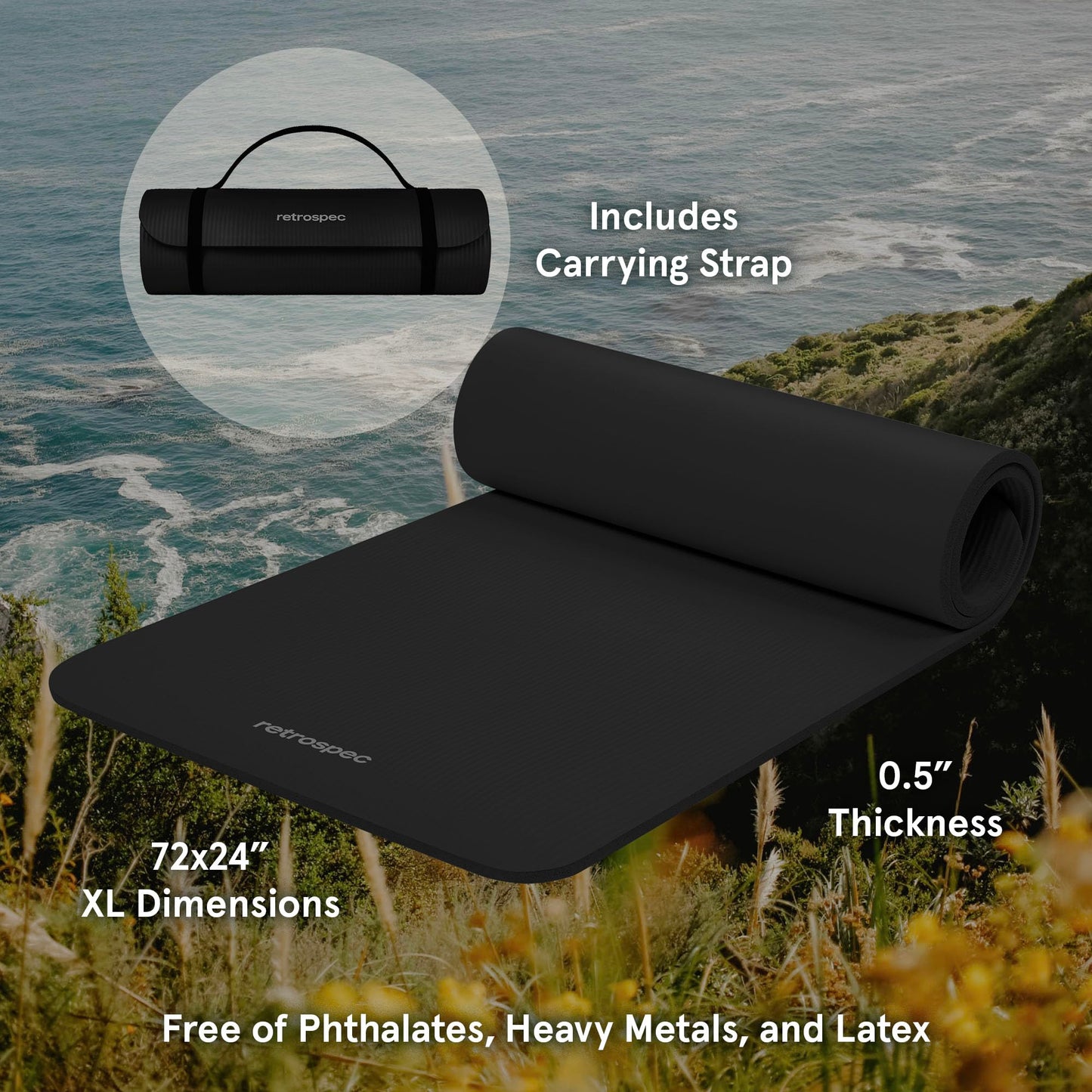 Retrospec Solana Yoga Mat 1" And 1/2" Thick With Nylon Strap for Men And Women - Non Slip Exercise Mat For Home Yoga, Pilates, Stretching, Floor And Fitness Workouts , Black