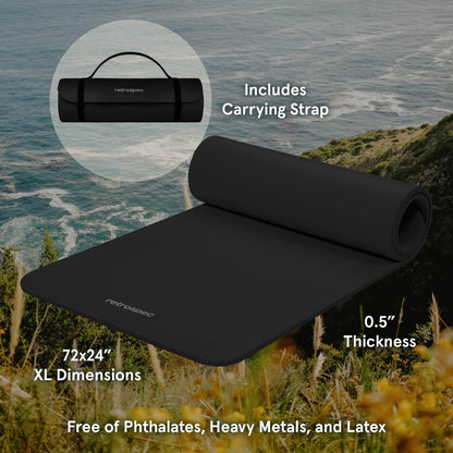 Retrospec Solana Yoga Mat 1" And 1/2" Thick With Nylon Strap for Men And Women - Non Slip Exercise Mat For Home Yoga, Pilates, Stretching, Floor And Fitness Workouts , Black