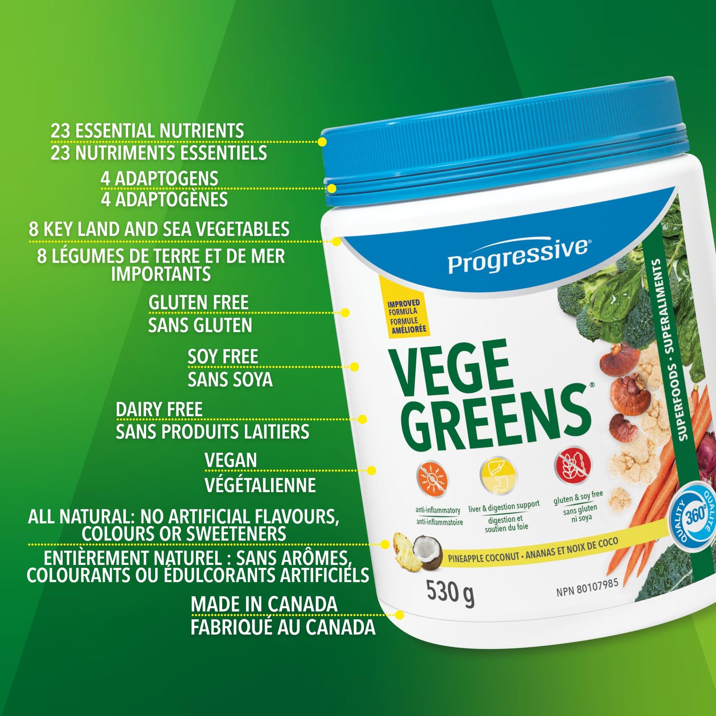 Progressive VegeGreens Pineapple Coconut, Vegan Canadian-Made Superfoods + Daily Greens with 23 Whole Foods, Adaptogens, Anti-Inflammatory, Antioxidants & Digestive Support for Energy and Immunity, 530 g Progressive Health