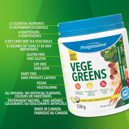 Progressive VegeGreens Pineapple Coconut, Vegan Canadian-Made Superfoods + Daily Greens with 23 Whole Foods, Adaptogens, Anti-Inflammatory, Antioxidants & Digestive Support for Energy and Immunity, 530 g Progressive Health
