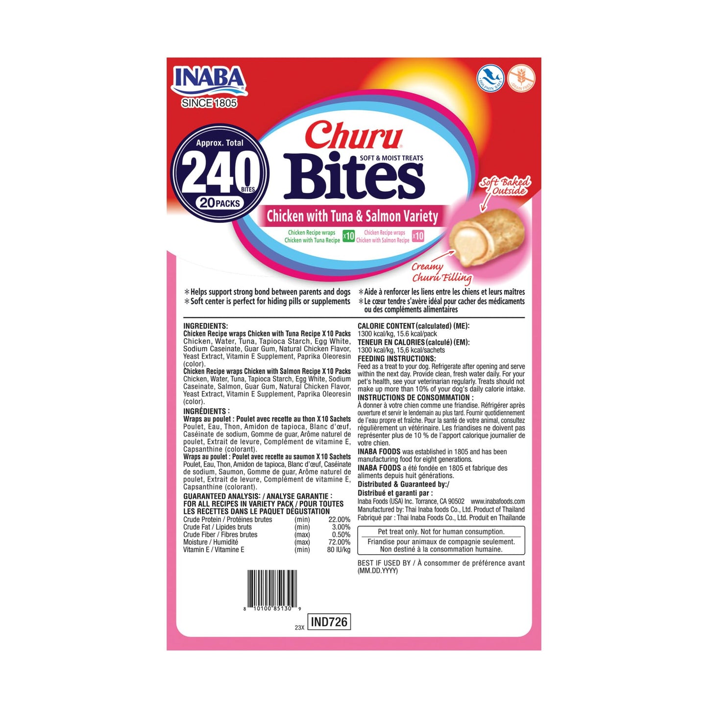 INABA Churu Bites for Dogs, Soft & Chewy Dog Treats with Vitamin E, 11.9 Grams Each Tube, 20 Tubes, Tuna & Salmon Variety Box 🍁 All In One Marketplace Canada