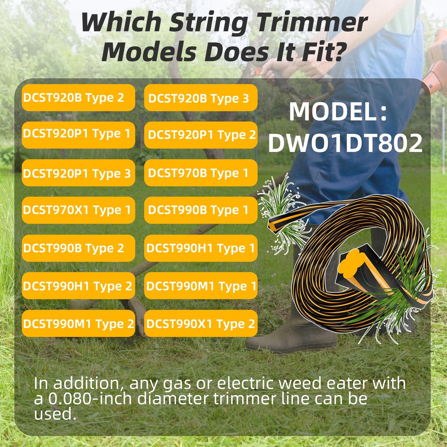 0.080'' DWO1DT801 Replacement String Timmer Lines Compatible with DEWALT Weed Eater, Square Twisted Weed Eater String, Heavy Duty Trimmer String (240 ft)