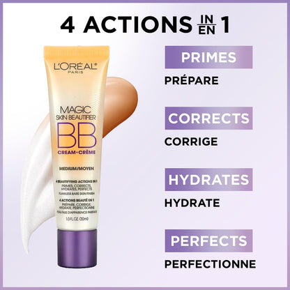 L'Oréal Paris Magic BB Cream, Makeup Primer, Skin Beautifier, Anti-Redness, 4-in-1 Ultra-Light Lotion, Medium, 30 mL L'Oreal Paris